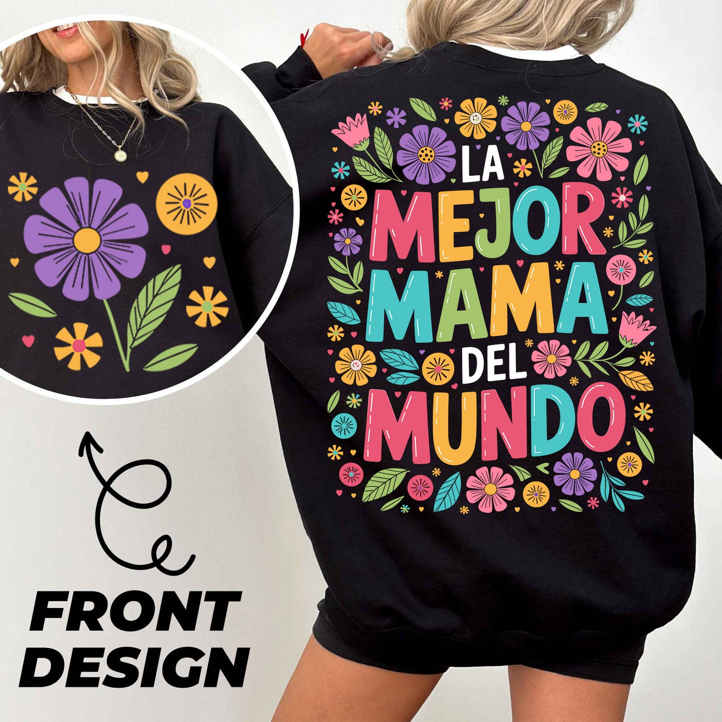 a woman wearing a black sweatshirt with colorful flowers on it