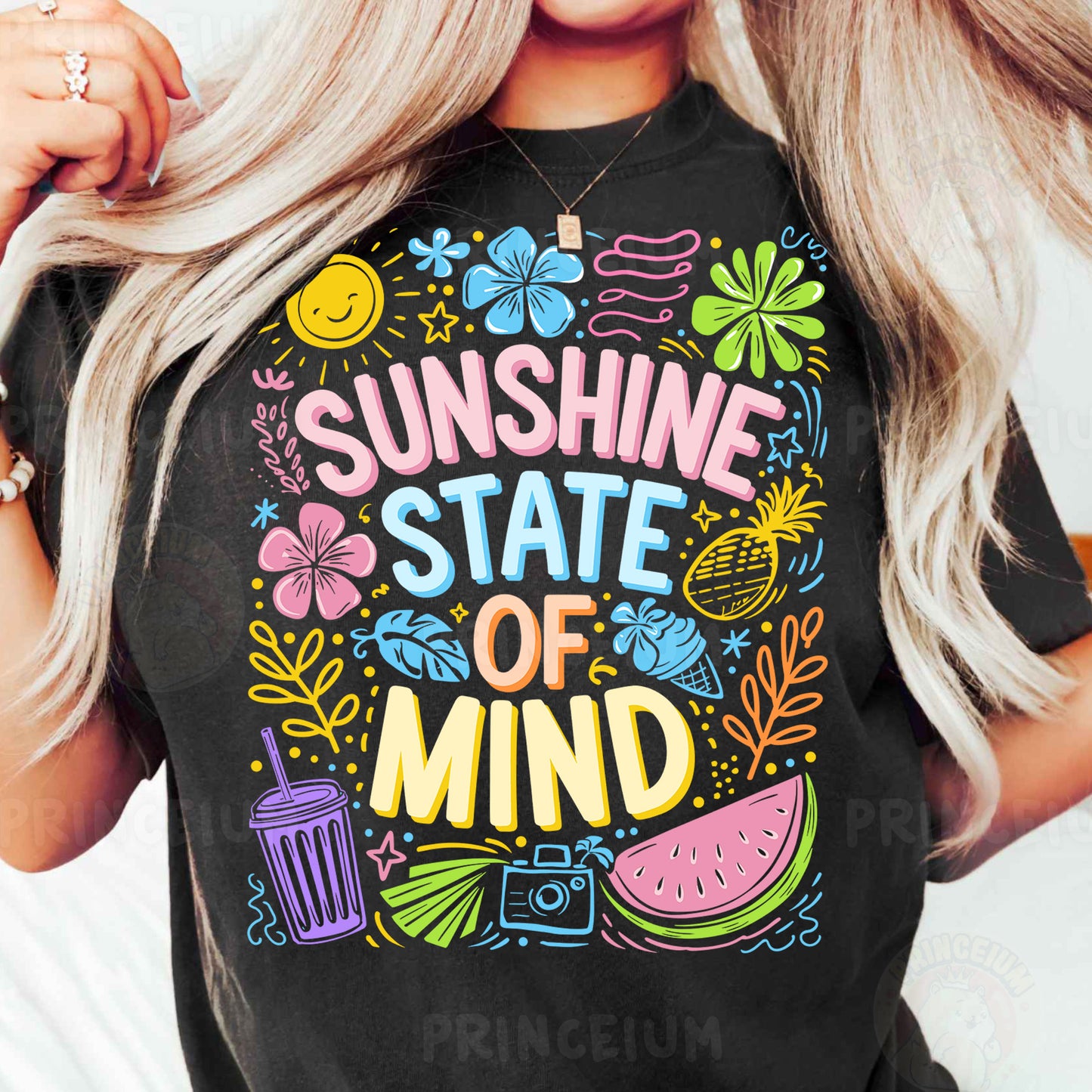 a woman wearing a black shirt that says sunshine state of mind