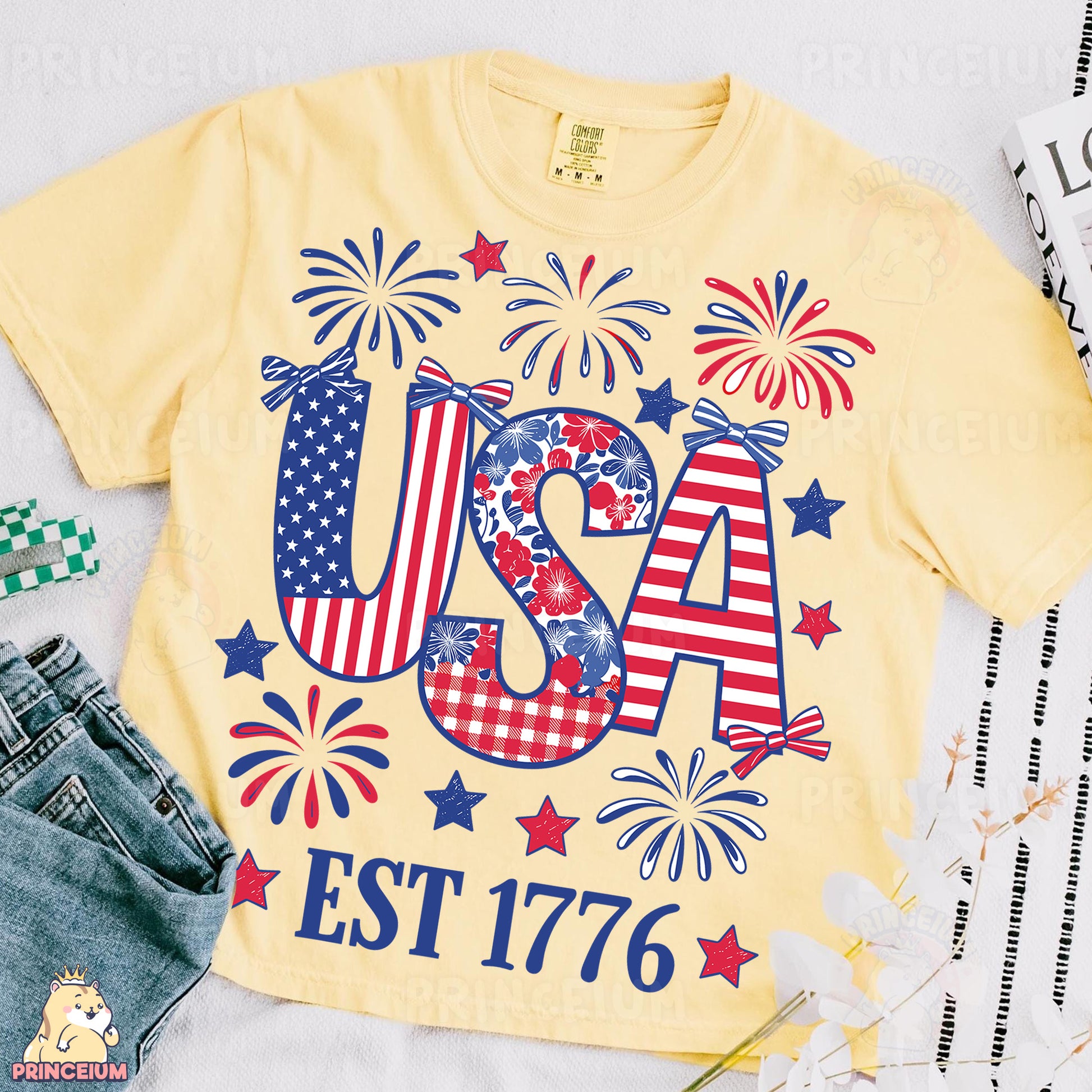 a t - shirt that says usa with fireworks on it