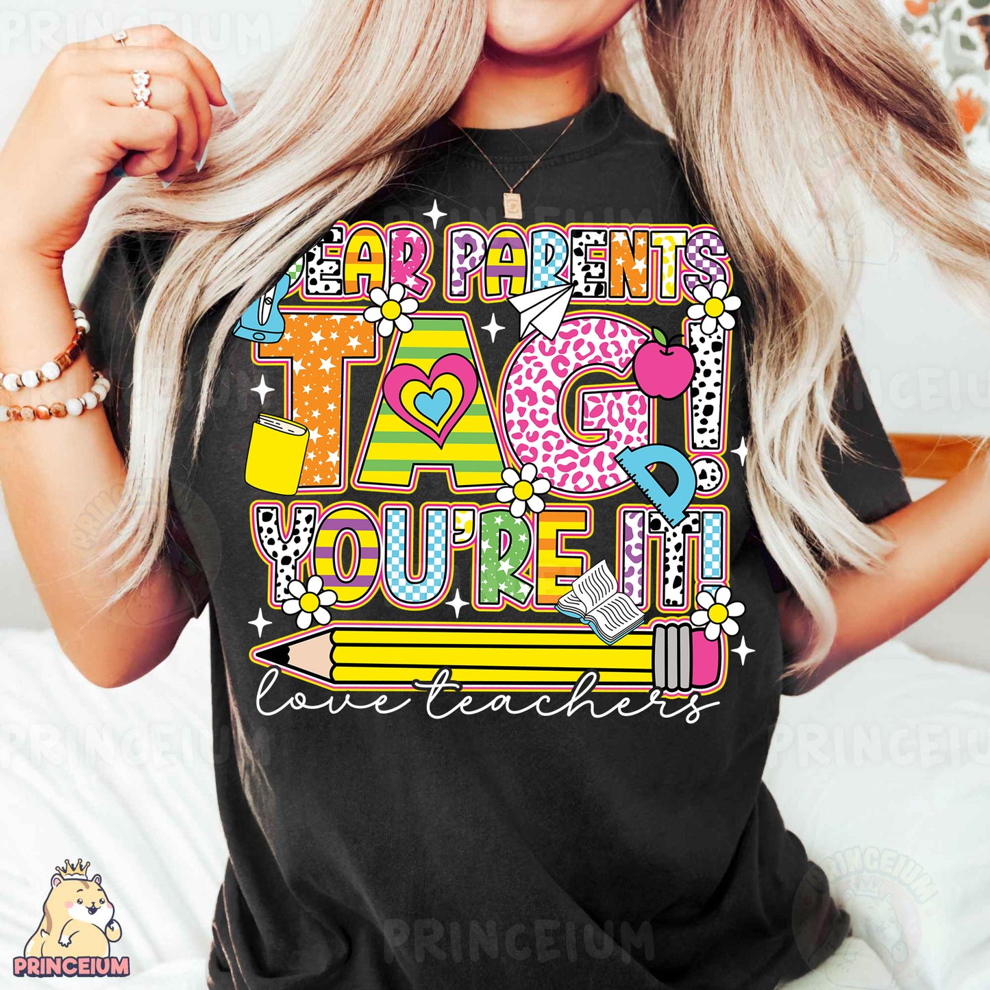 a woman wearing a black t - shirt with the words i love you're