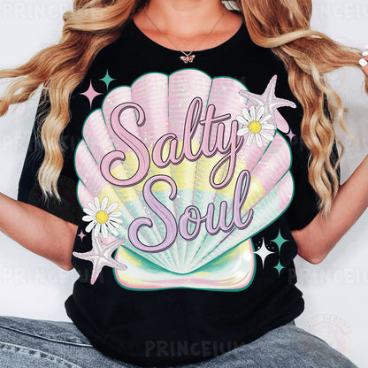 a woman wearing a black t - shirt that says salty soul