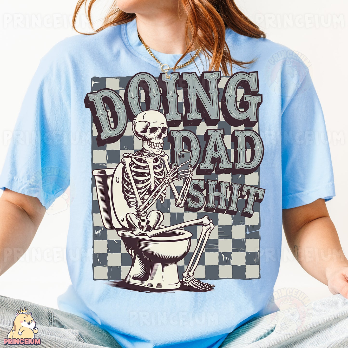 a woman wearing a blue shirt with a skeleton on it