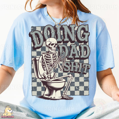 a woman wearing a blue shirt with a skeleton on it