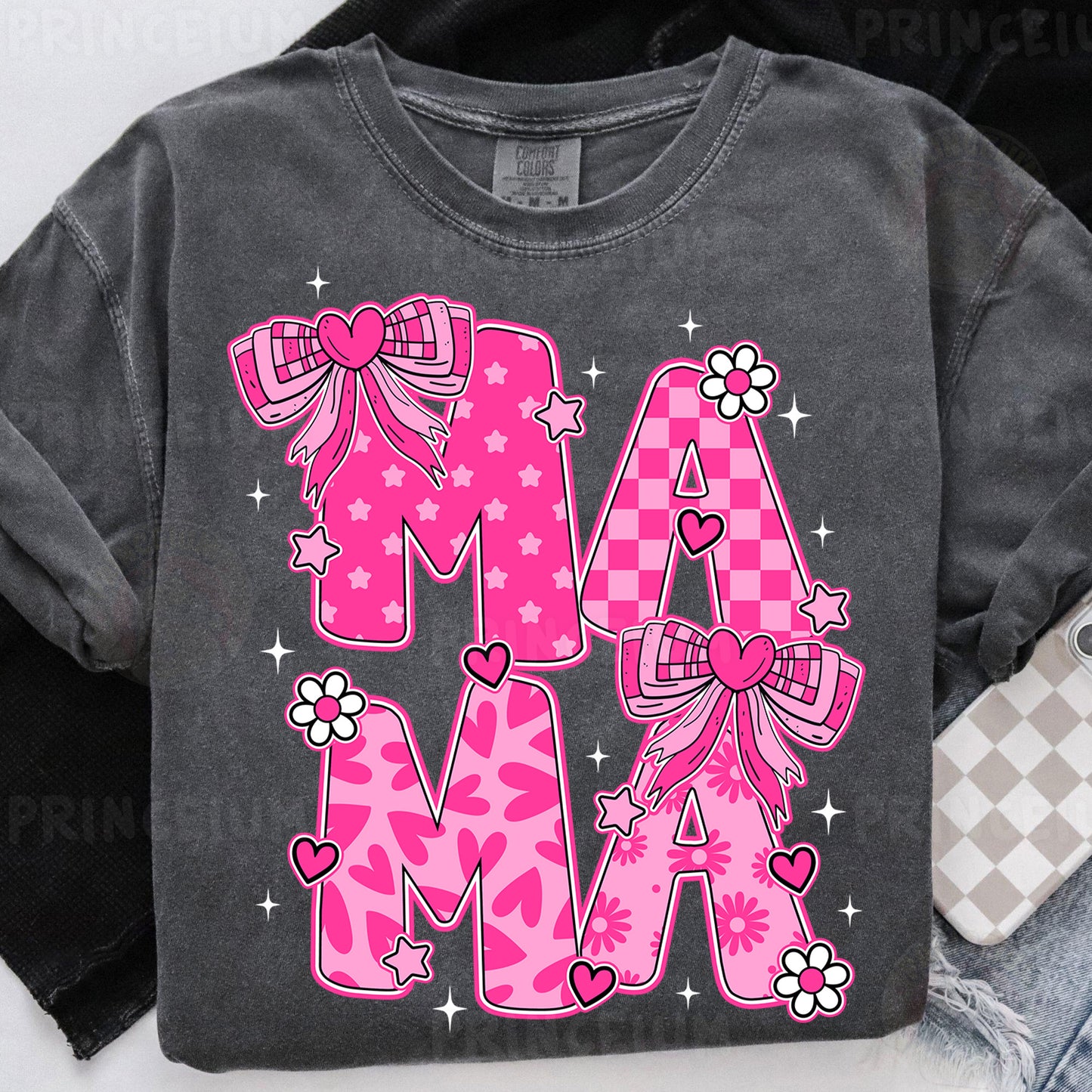 a gray shirt with pink letters and bows on it
