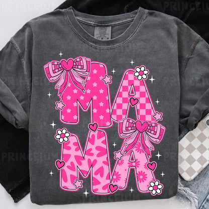 a gray shirt with pink letters and bows on it