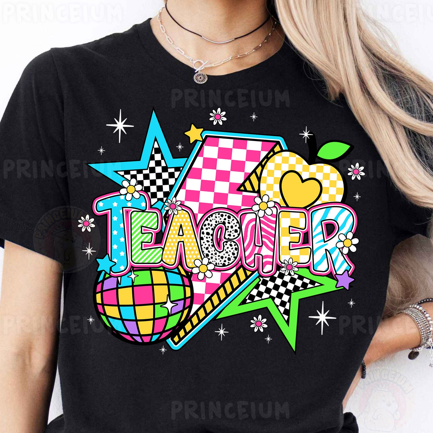 a woman wearing a black t - shirt with the word teacher on it