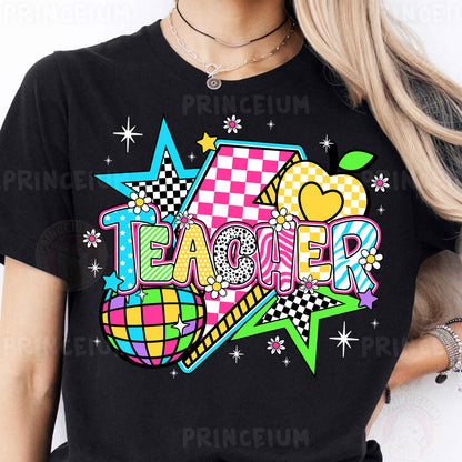 a woman wearing a black t - shirt with the word teacher on it