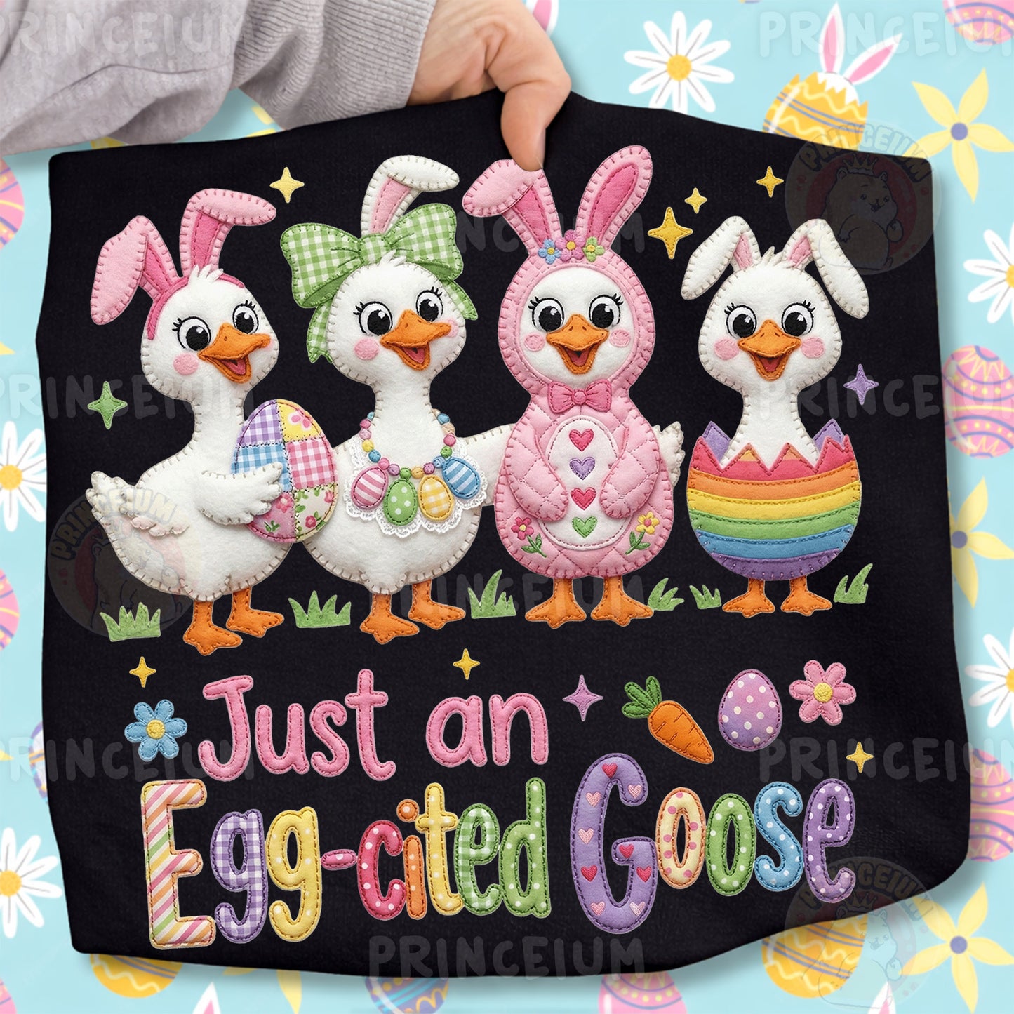 Just an Egg-cited Goose PNG, Cute Easter Ducks in Bunny Costumes, Funny Patchwork Spring Clipart