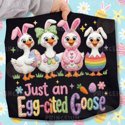 Just an Egg-cited Goose PNG, Cute Easter Ducks in Bunny Costumes, Funny Patchwork Spring Clipart