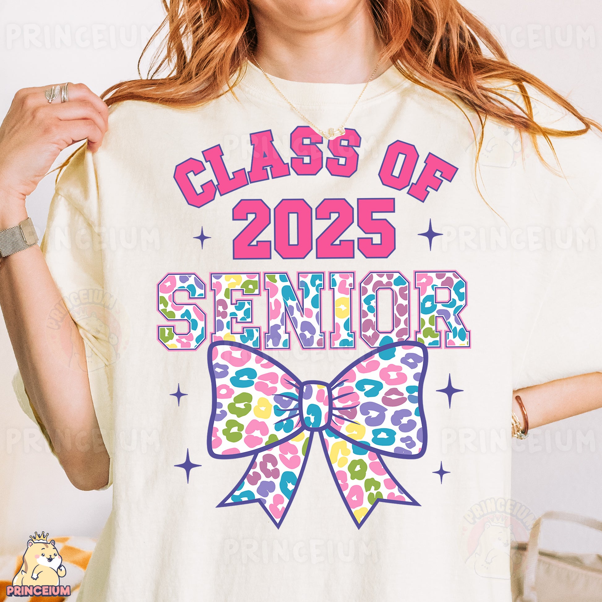 a woman wearing a class of 205 senior t - shirt