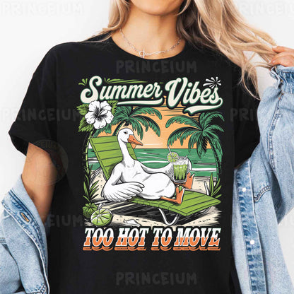 a woman wearing a black shirt that says summer vibes too hot to move