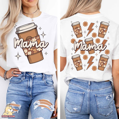 a woman wearing a white shirt with a coffee cup on it