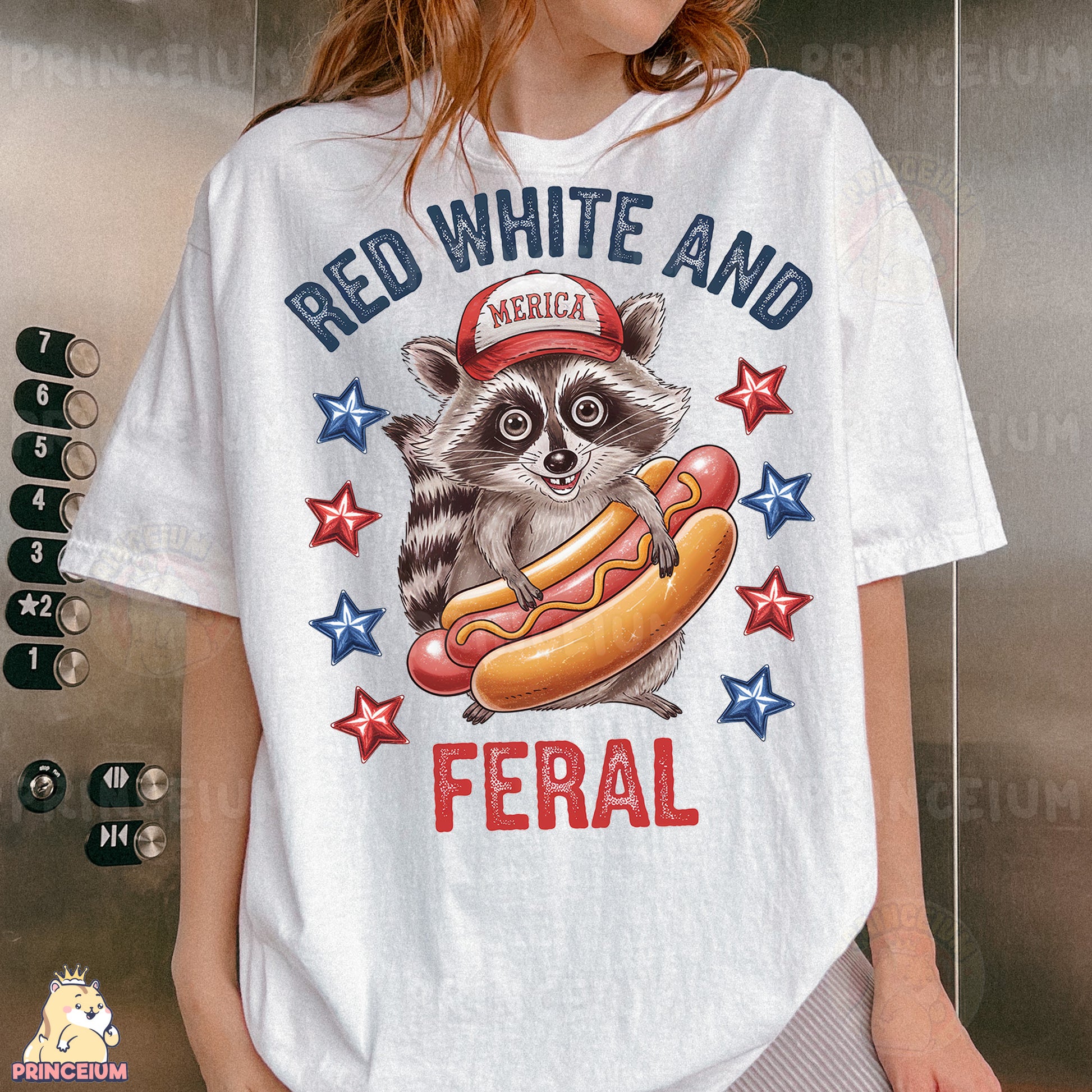 a woman wearing a red, white and blue shirt with a raccoon on