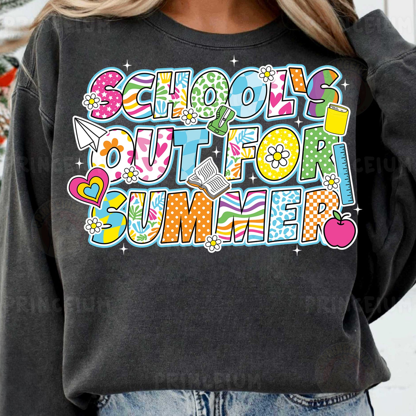 a woman wearing a sweatshirt that says school out for summer