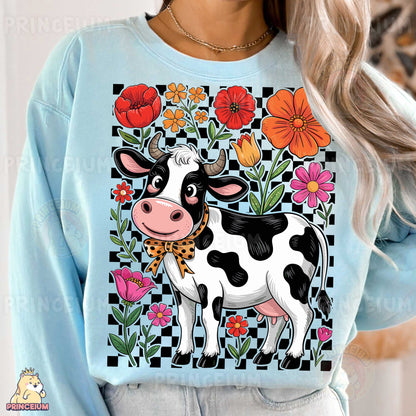 a woman wearing a sweatshirt with a cow on it