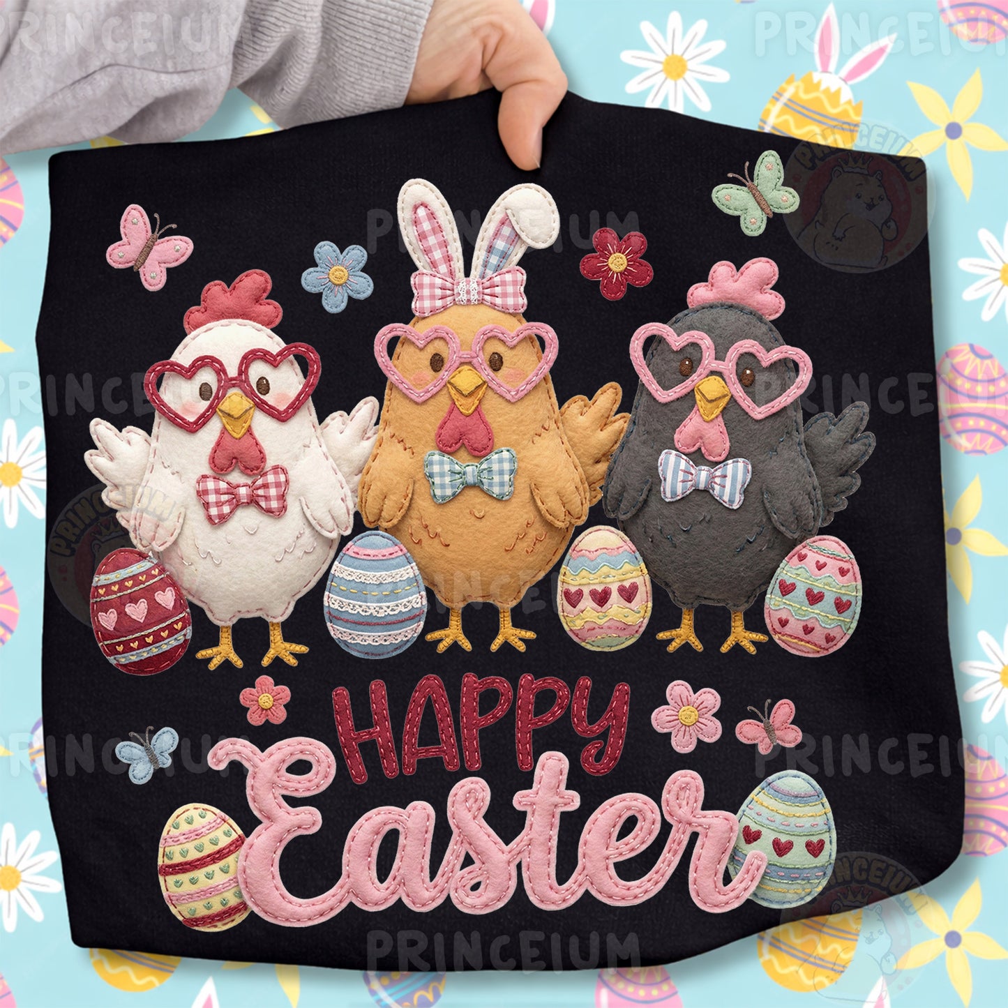 Happy Easter PNG, Cute Chickens with Heart Glasses, Patchwork Farm Easter Clipart