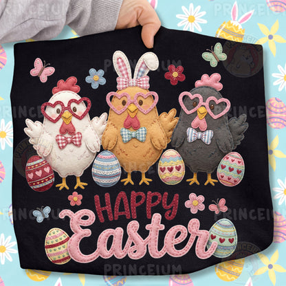 Happy Easter PNG, Cute Chickens with Heart Glasses, Patchwork Farm Easter Clipart