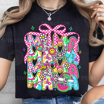 a woman wearing a black t - shirt with the word mama on it