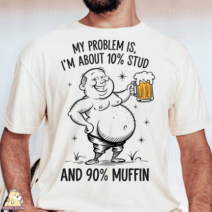 a man holding a mug of beer wearing a t - shirt