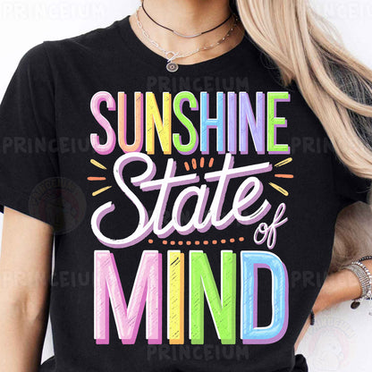 a woman wearing a black shirt that says sunshine state of mind