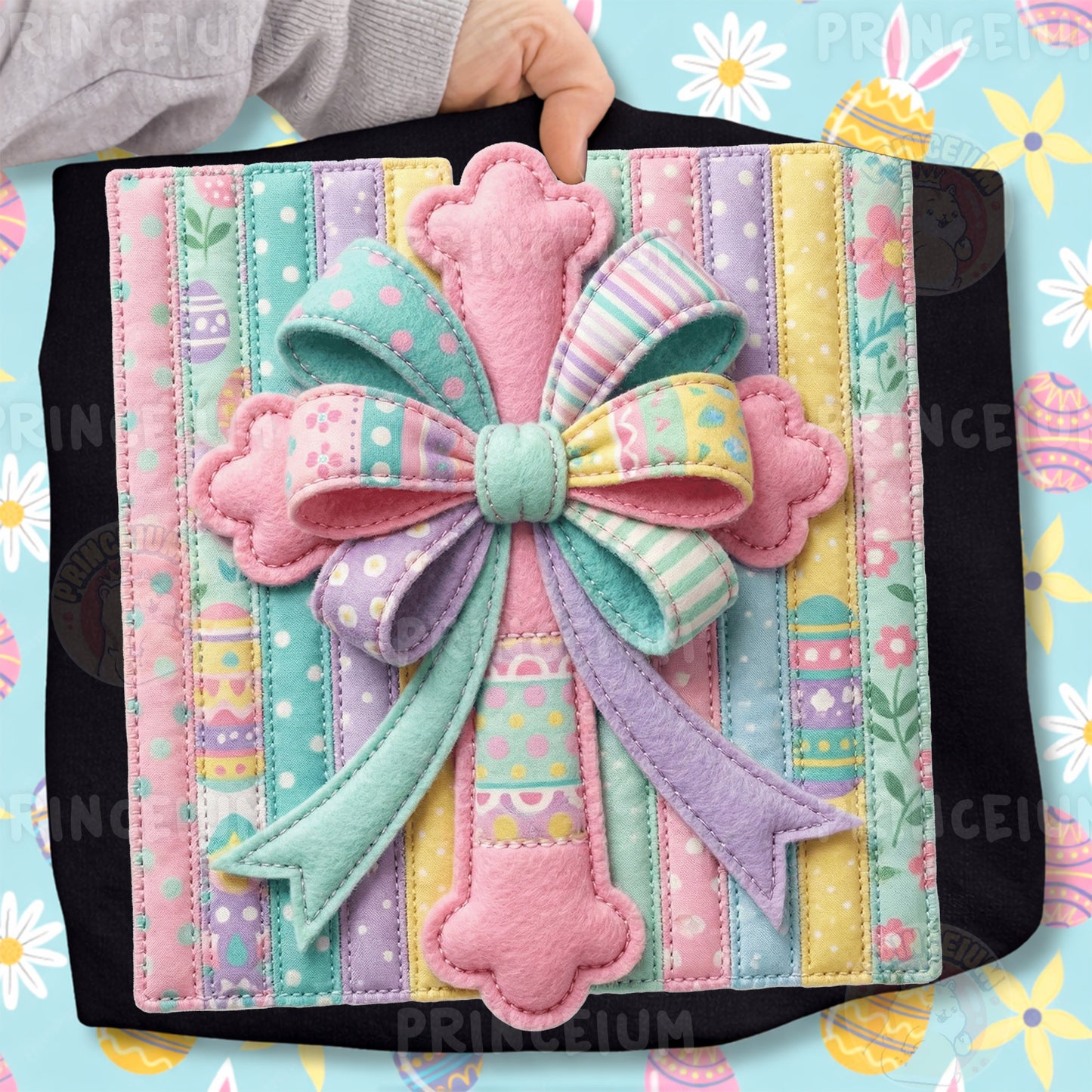 Easter Cross PNG, Pastel Patchwork Bow Cross Art, Christian Spring Faith Clipart Design
