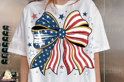 a woman wearing a patriotic bow t - shirt