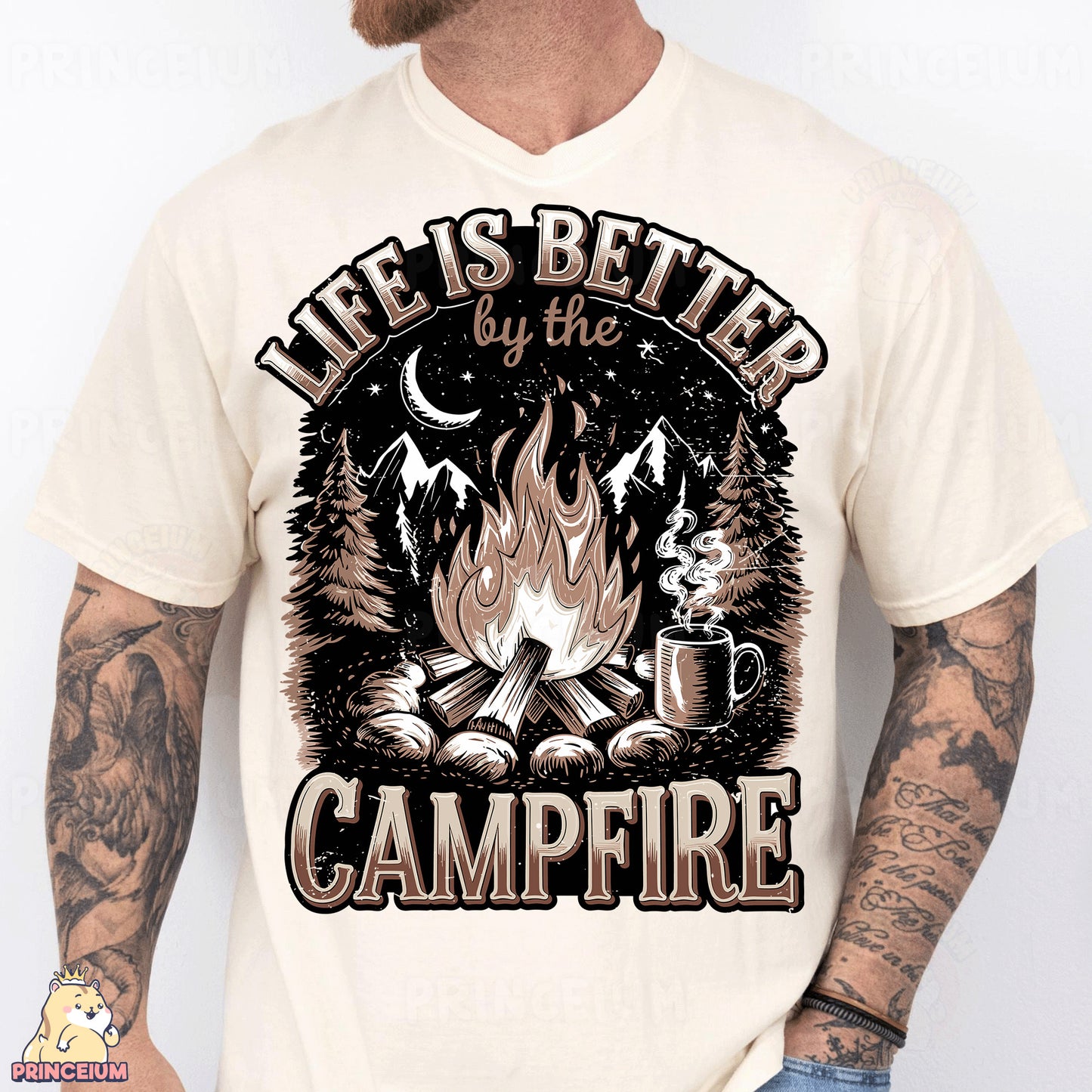 a man wearing a t - shirt that says life is better by the campfire