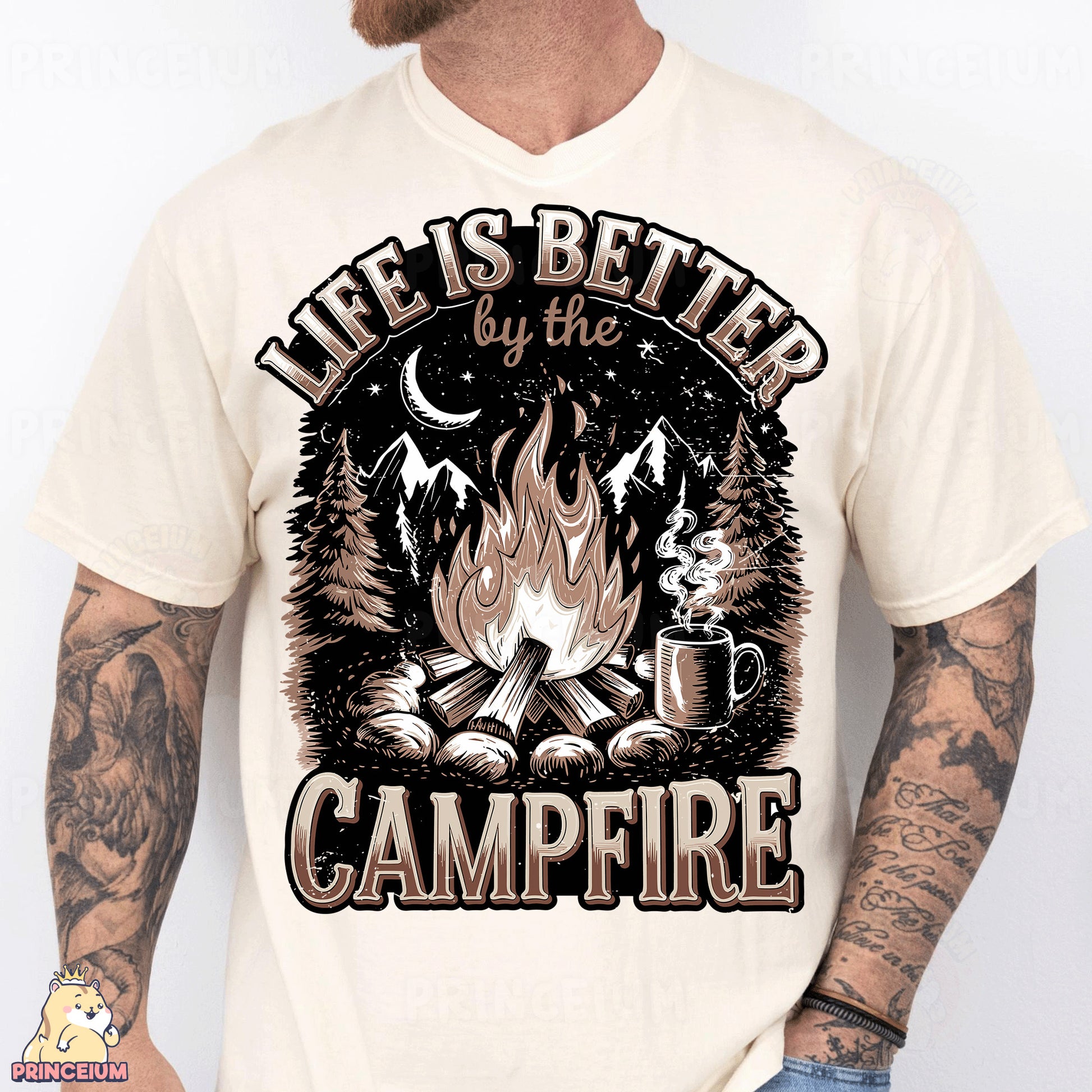 a man wearing a t - shirt that says life is better by the campfire