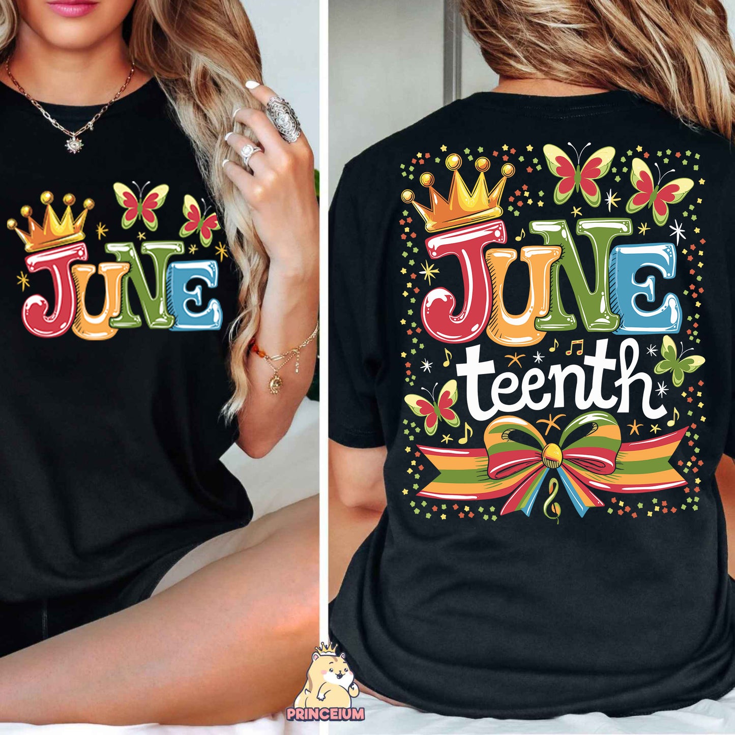 a woman wearing a t - shirt that says juneteeth