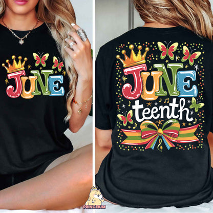 a woman wearing a t - shirt that says juneteeth