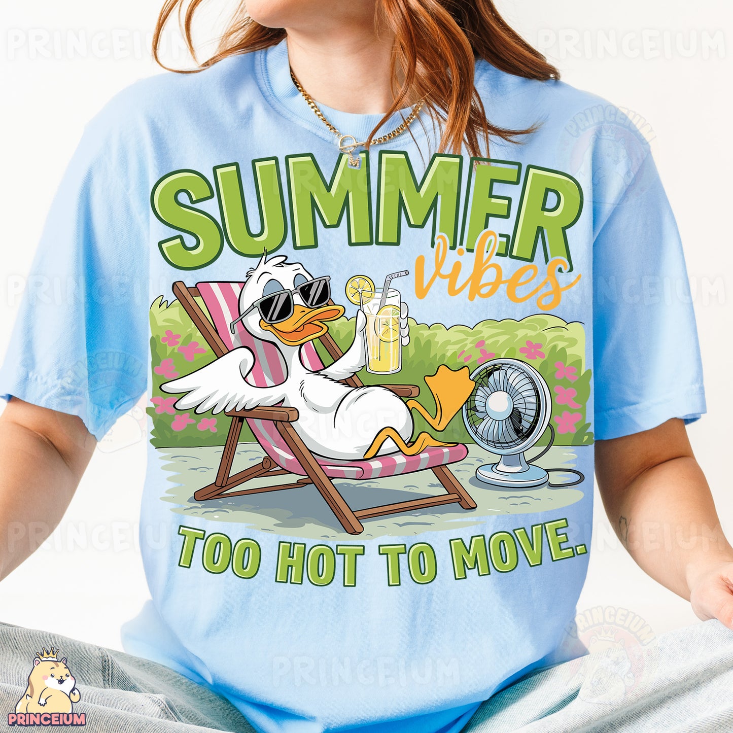 a woman wearing a blue shirt with a duck on it