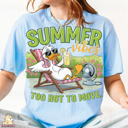 a woman wearing a blue shirt with a duck on it