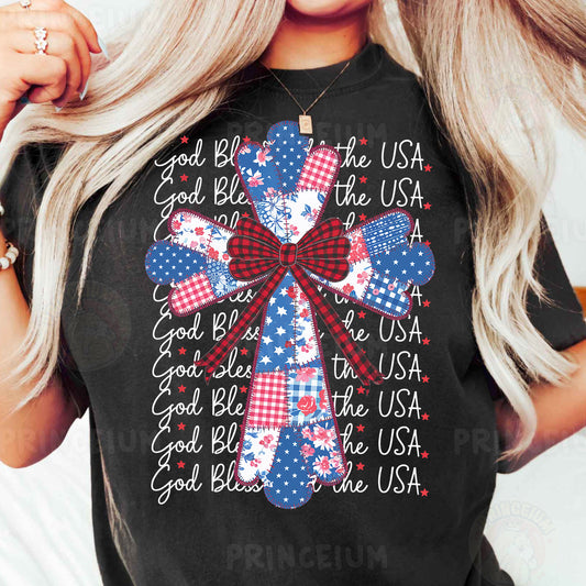 a woman wearing a black shirt with a red, white and blue bow