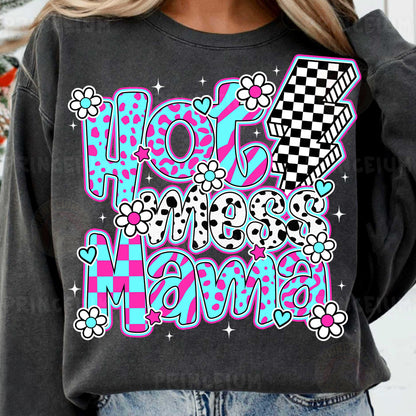 a woman wearing a sweatshirt that says hot mom mama