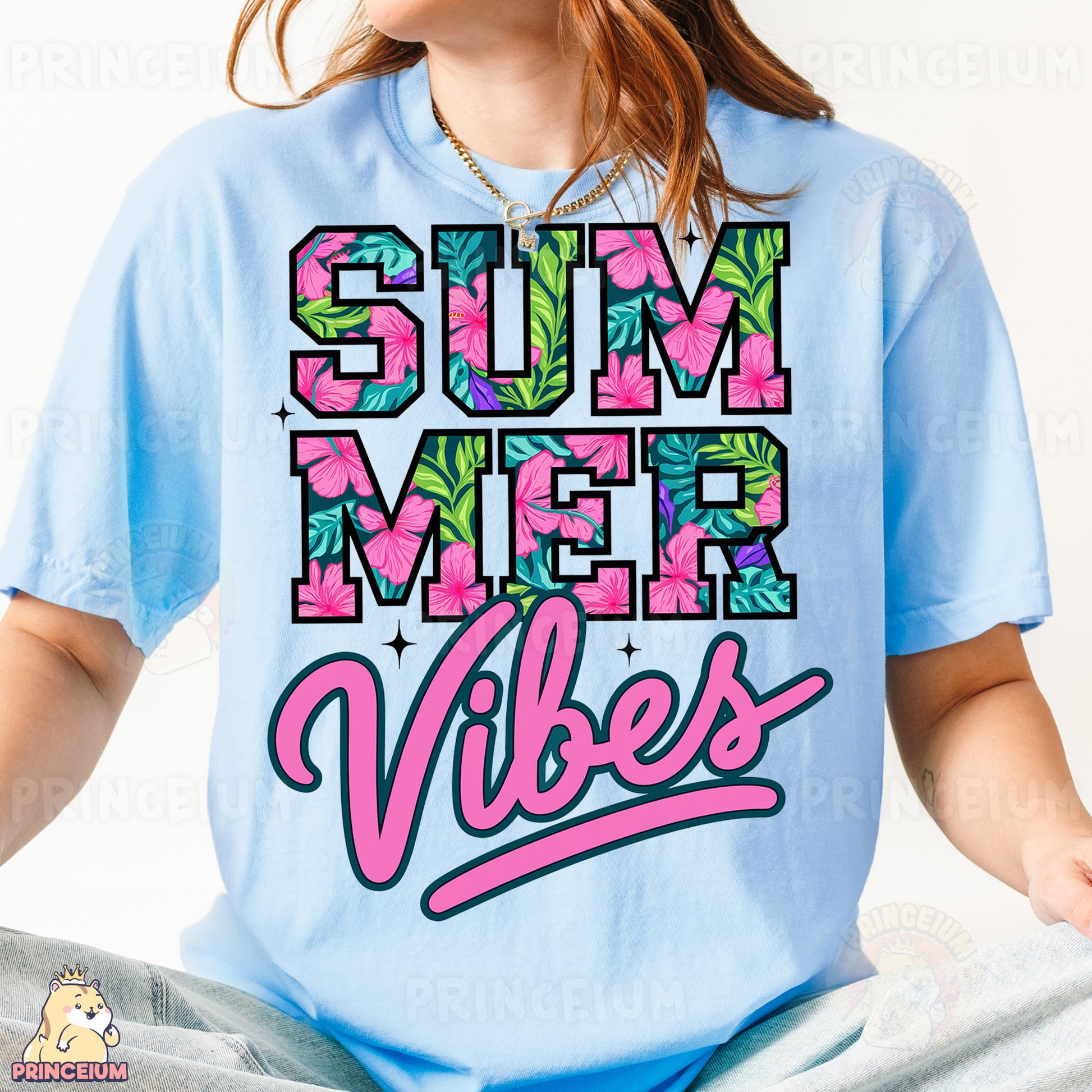 a woman wearing a blue shirt that says summer vibes