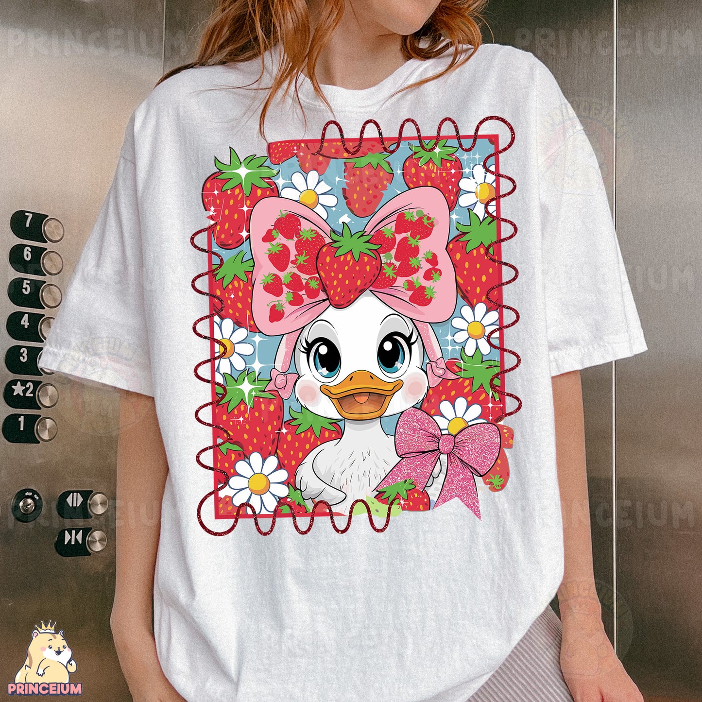 a woman wearing a t - shirt with a picture of a duck wearing a bow