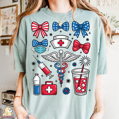 a woman wearing a t - shirt with medical symbols on it