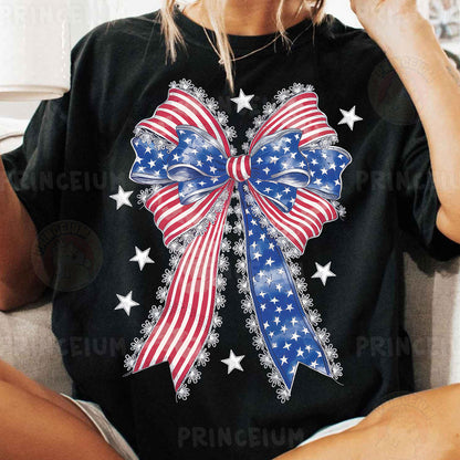 a woman wearing a black shirt with a red, white and blue bow on it