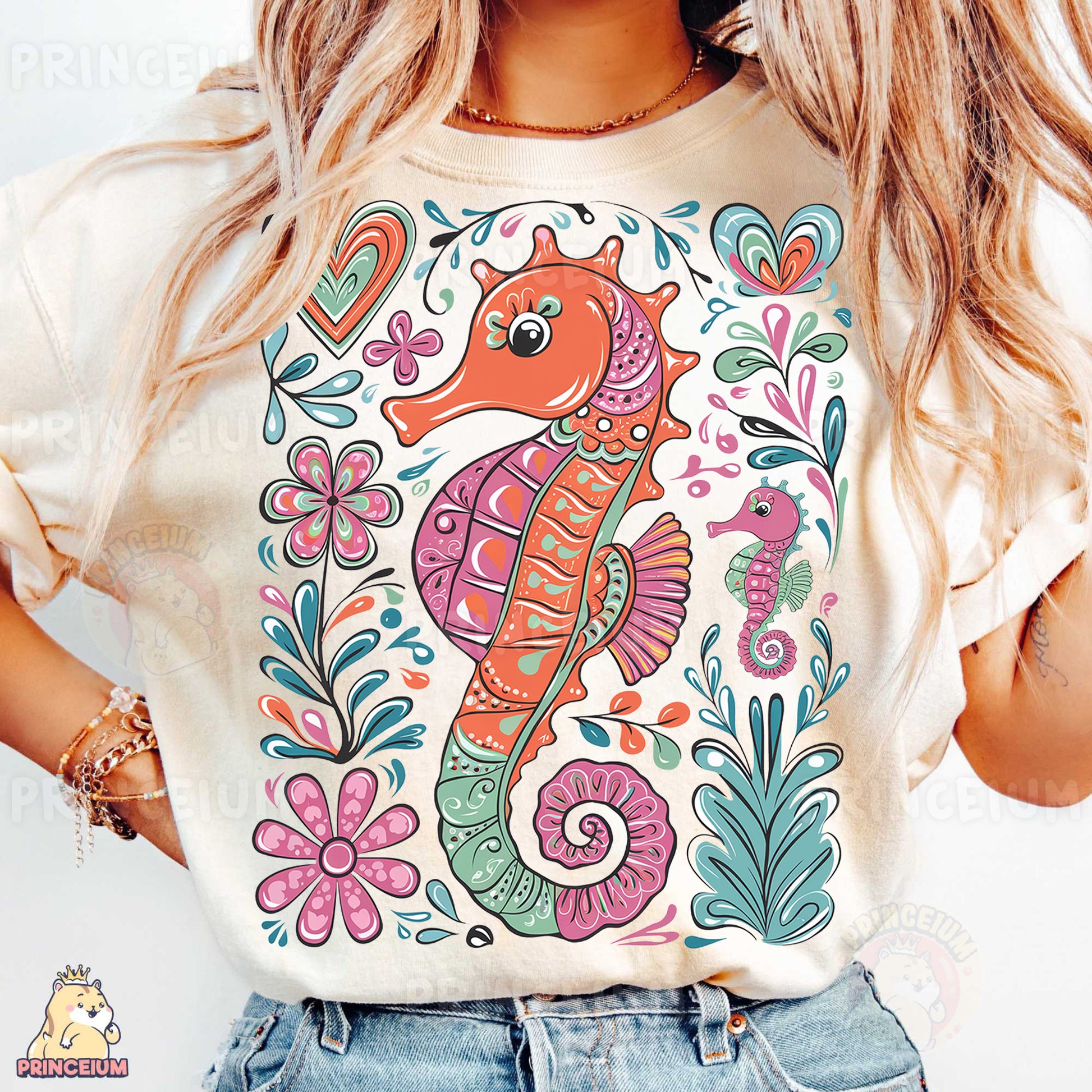 a woman wearing a t - shirt with a sea horse on it