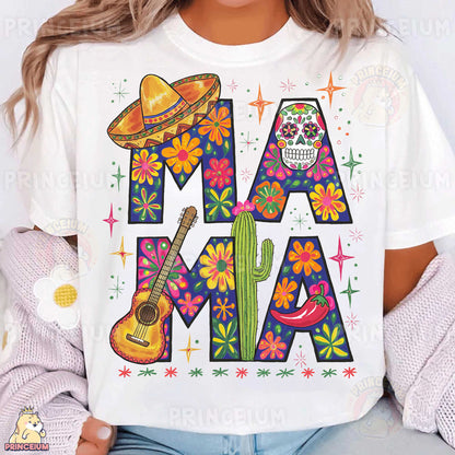 a woman wearing a white t - shirt with a mexican design