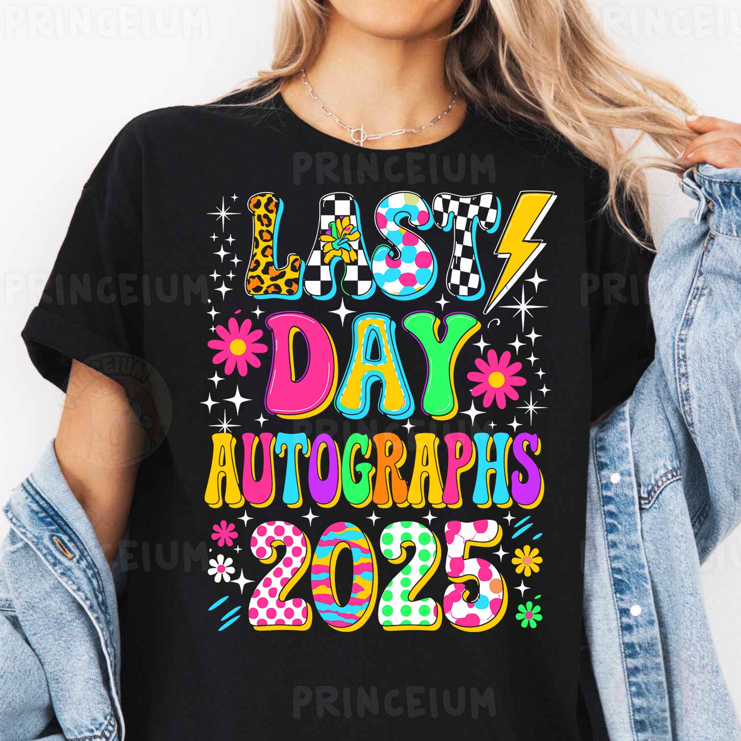 a woman wearing a t - shirt that says last day autographs 2013