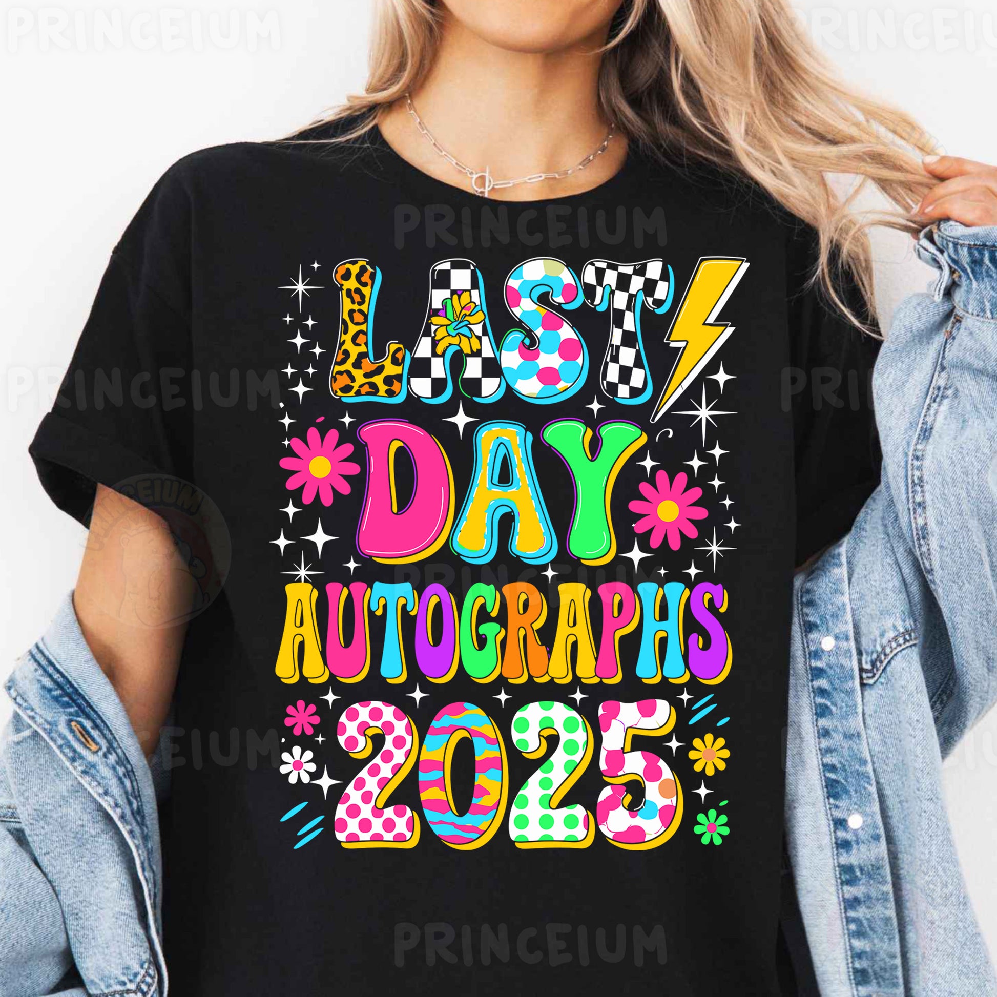 a woman wearing a t - shirt that says last day autographs 2013