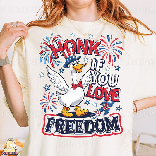 a woman wearing a t - shirt that says honk if you love freedom