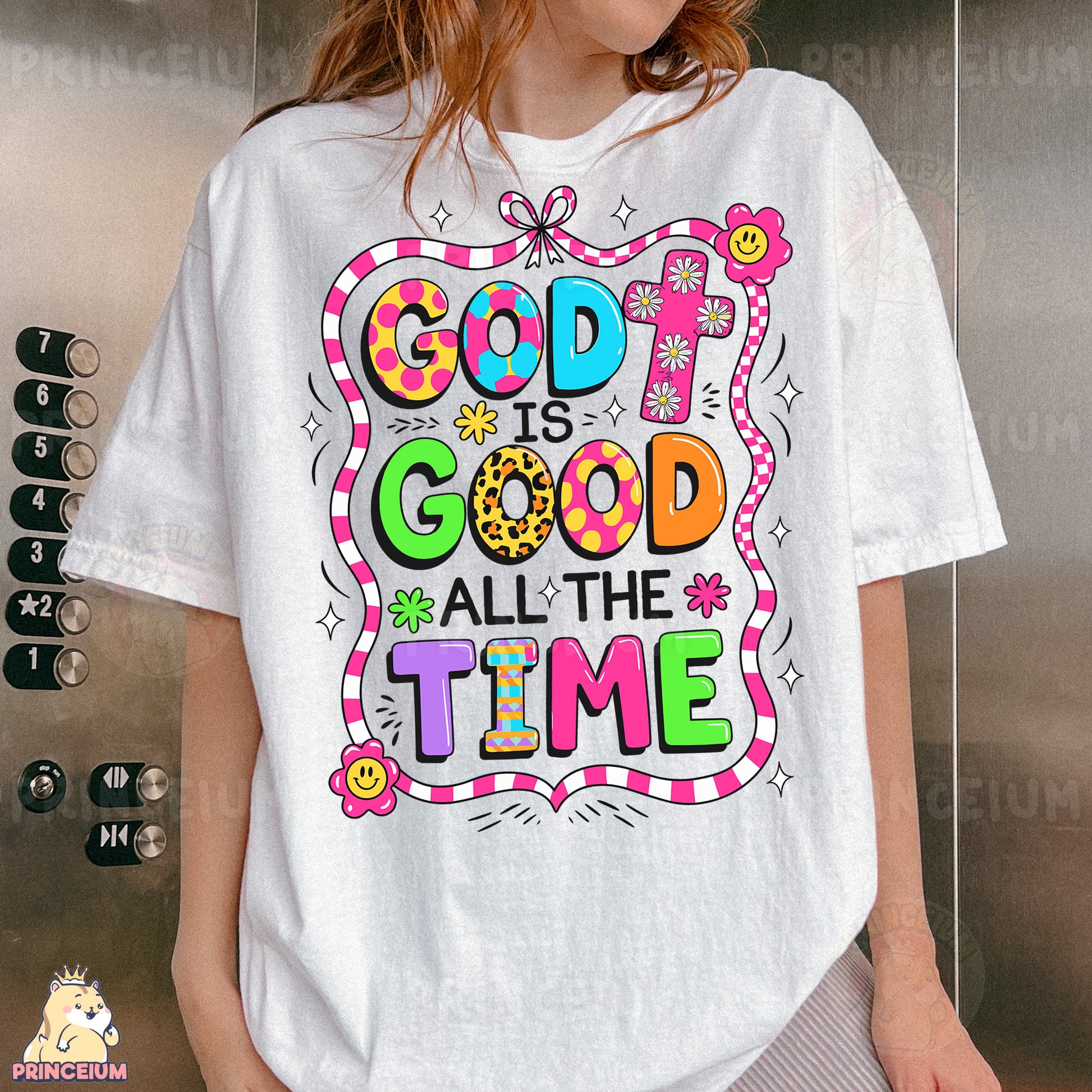 a woman wearing a t - shirt that says god is good all the time