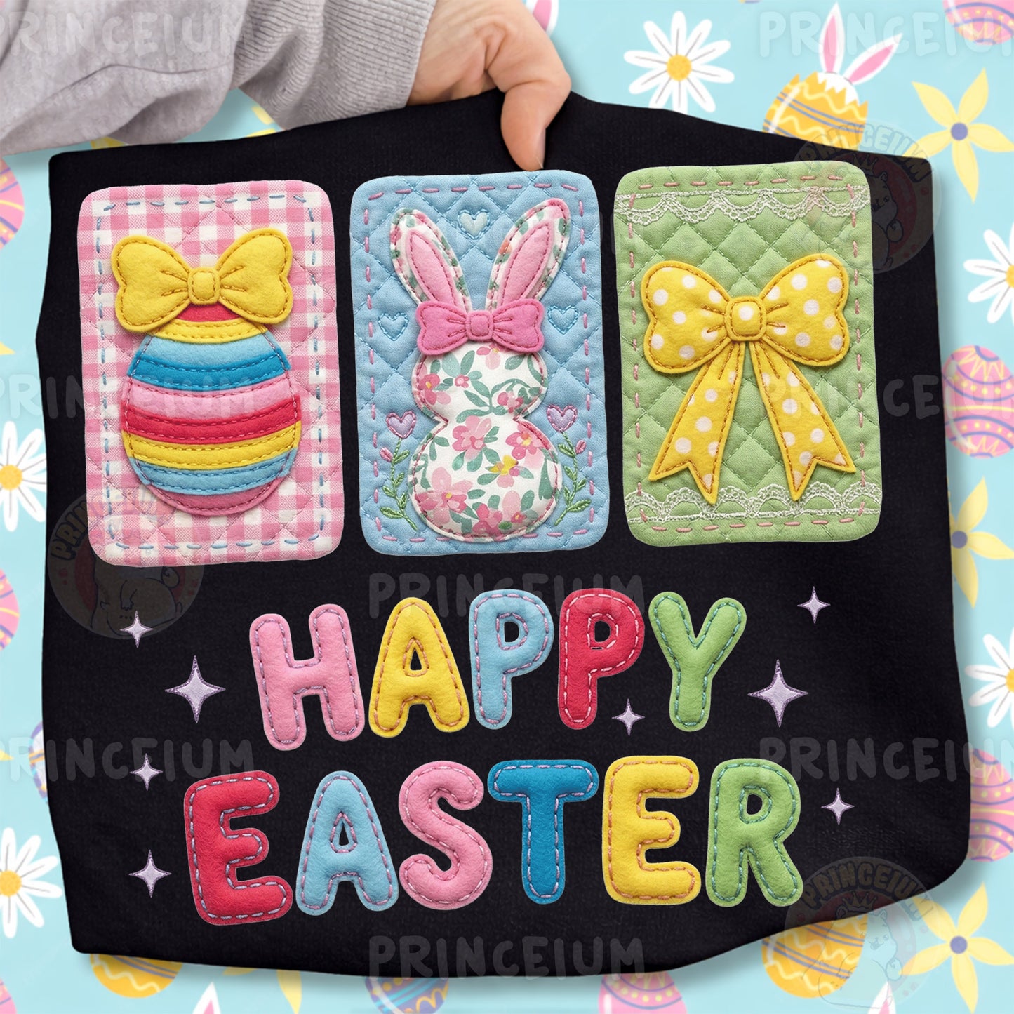 Happy Easter PNG, Patchwork Bunny Egg Bow Cards Art, Cute Colorful Spring Clipart Design