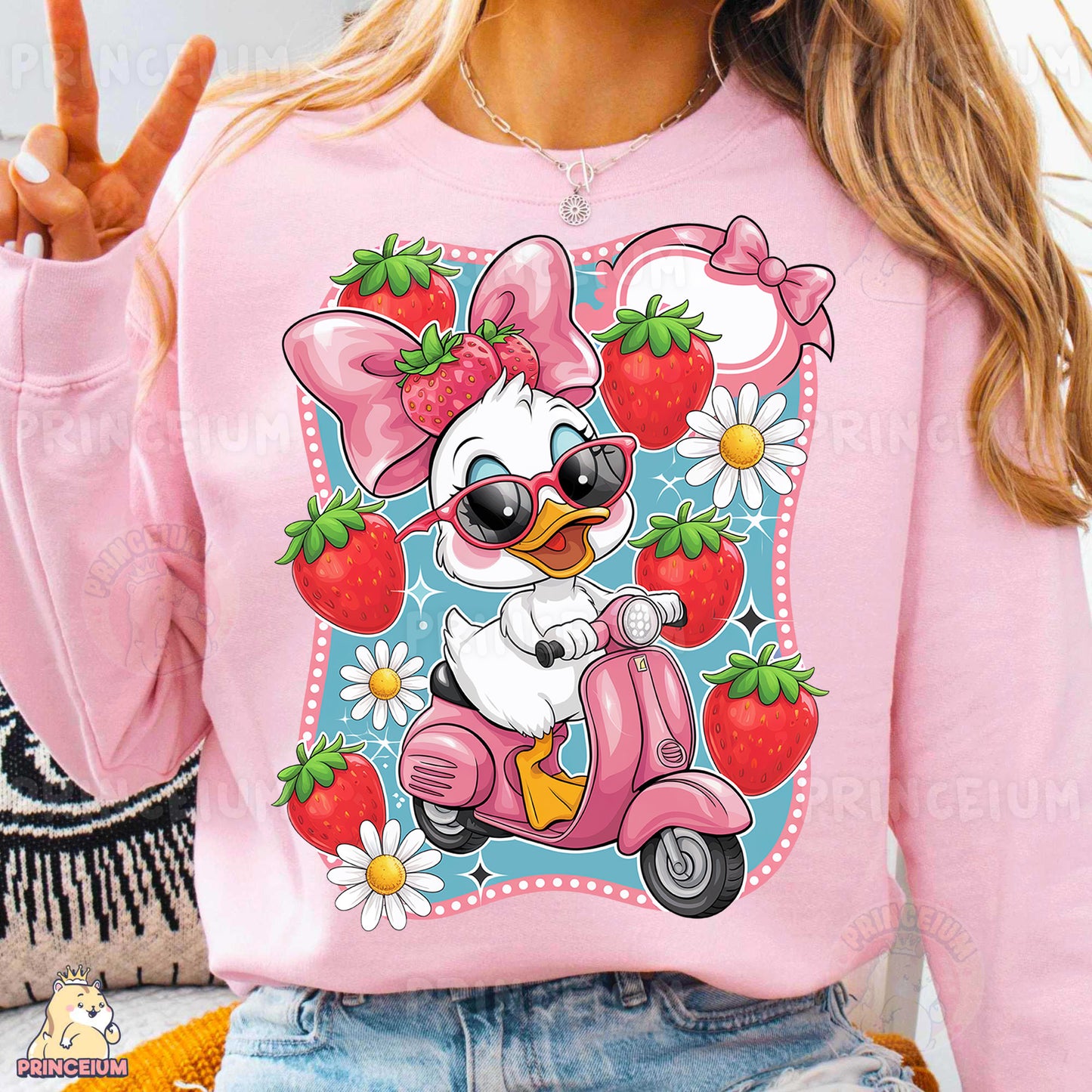 a woman wearing a pink shirt with a cartoon character on it