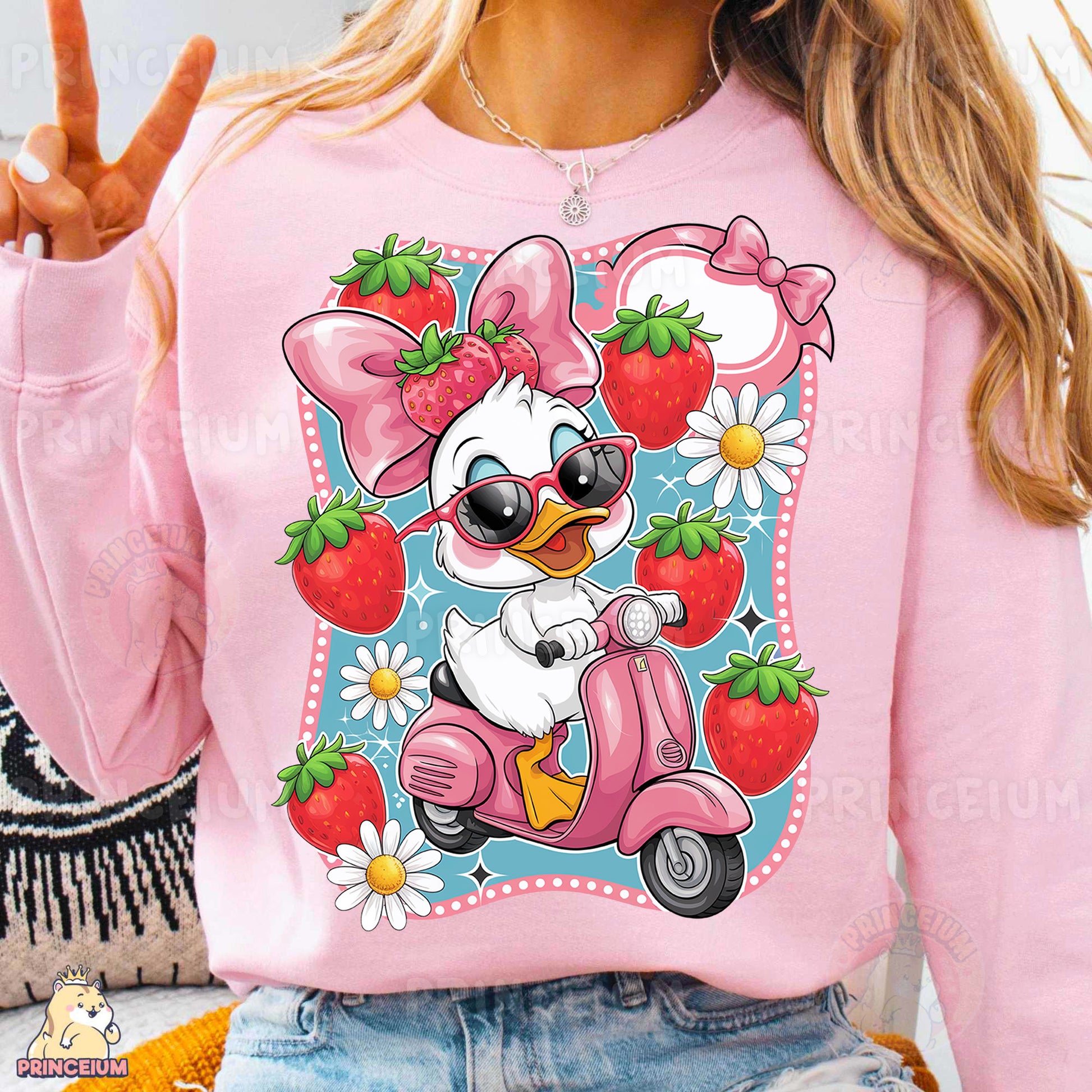 a woman wearing a pink shirt with a cartoon character on it