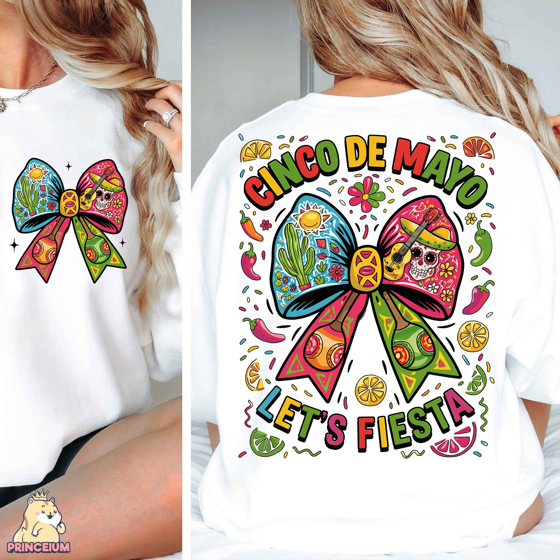 a woman wearing a white shirt with a colorful bow on it
