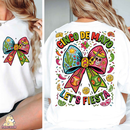 a woman wearing a white shirt with a colorful bow on it