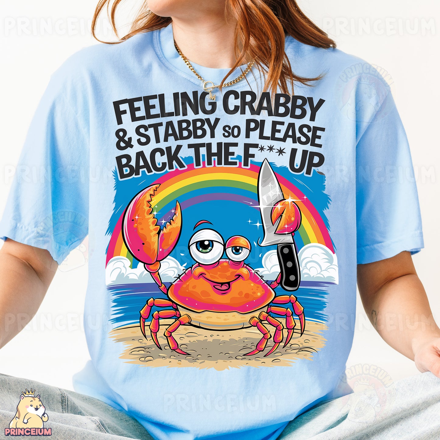 a woman wearing a t - shirt that says feeling crabby and stabby to